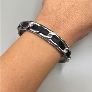 Vintage Silver Tone Black Ribbon Large Cuff Bangle Statement Bracelet